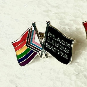 The LGBTQ Progress Pride & Black Lives Matter Double Rainbow BIPOC BLM Crossed Flag Pin Badge image 2