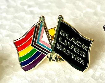 The LGBTQ + POC Progress Pride Double Rainbow and Black Lives Matter BLM Flag Pin Badge