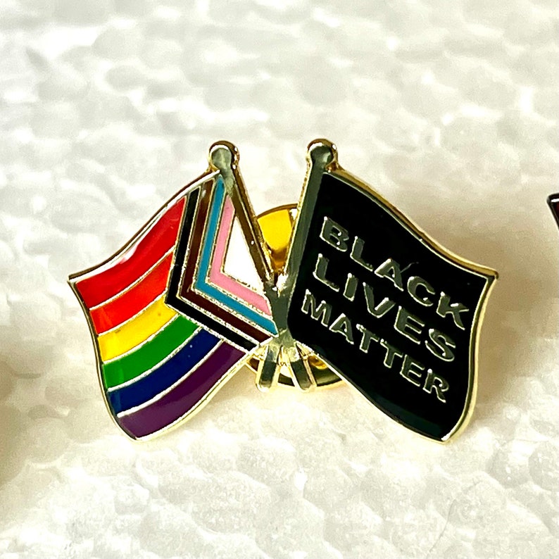 The LGBTQ Progress Pride & Black Lives Matter Double Rainbow BIPOC BLM Crossed Flag Pin Badge image 1