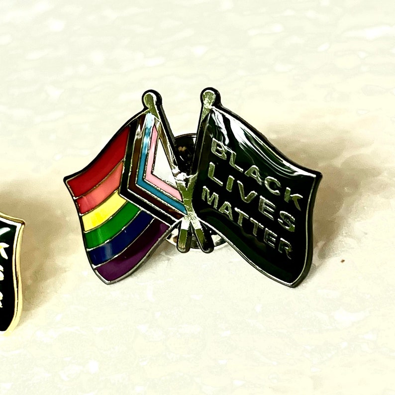 The LGBTQ Progress Pride & Black Lives Matter Double Rainbow BIPOC BLM Crossed Flag Pin Badge image 3