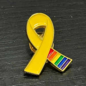 Yellow Ribbon with PRIDE COLORS from ISRAEL for the Hostages Pin/Badge on Nickel Finish