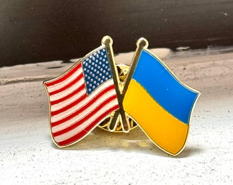 Een #SlavaUkraini, de VS, de Verenigde Staten van Amerika en Oekraïne, Oekraïense nationale vlag dubbele pin badge