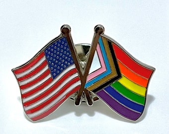 The Biden-Harris #Inauguration Commemorative LGBTQ + POC Progress Pride Double Rainbow and USA/American Flag Pin Badge