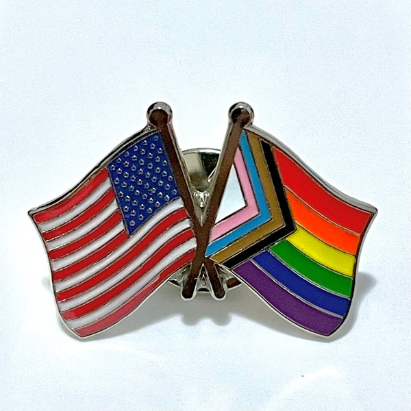 The Biden-Harris #Inauguration Commemorative LGBTQ + POC Progress Pride Double Rainbow and USA/American Flag Pin Badge