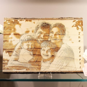 Custom Laser Engraved Family Photo on Wood Bark - Personalized Portrait