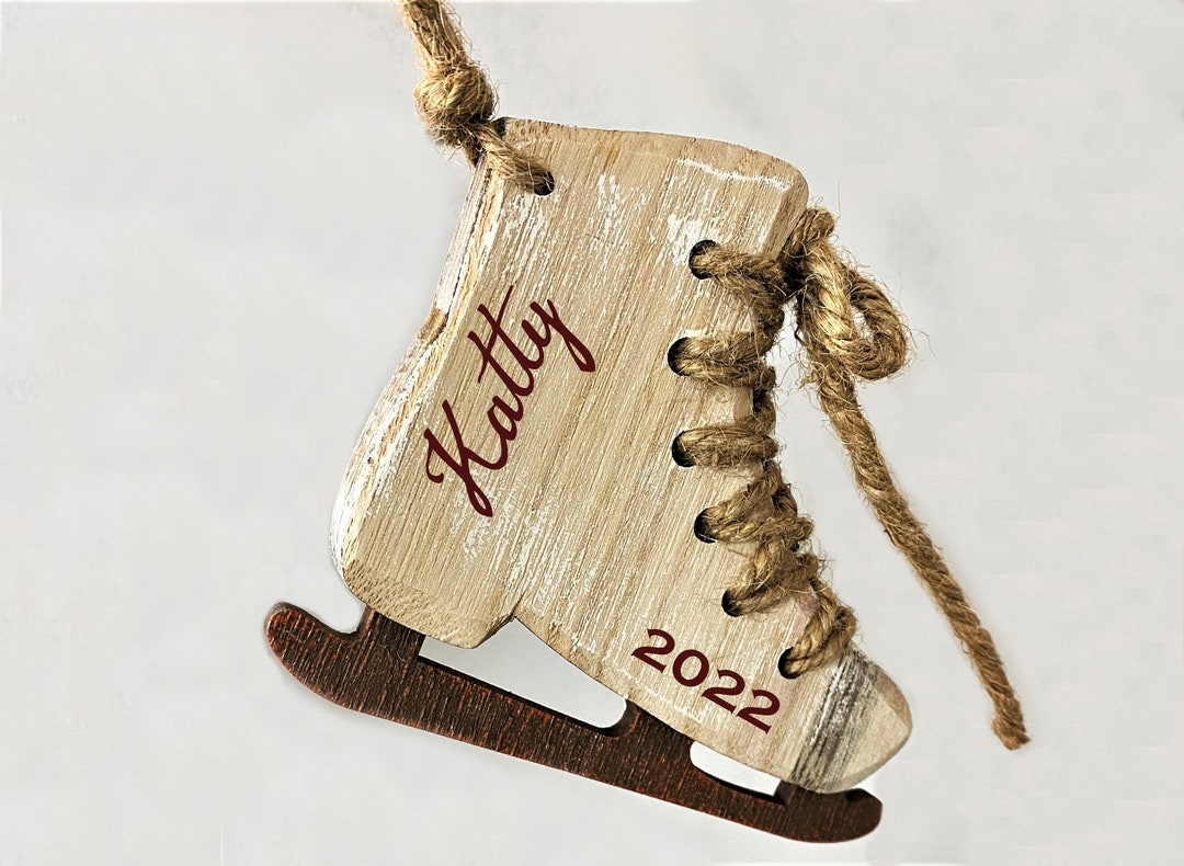 Laser Engraved Ice Skate Wood Christmas Ornament, Personalized Ice