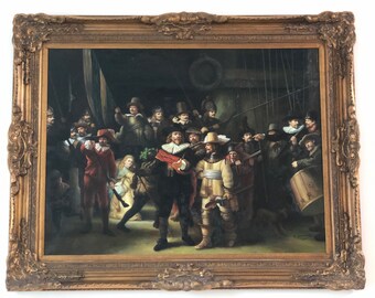 Ölgemälde Replik von Rembrandts The Night Watch in atemberaubendem floral geschnitztem Goldrahmen