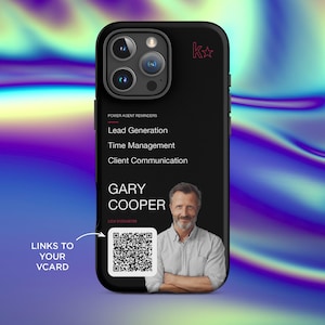 May include: Black phone case with a photo of a man and a QR code. The case has the text "POWER AGENT REMINDERS", "Lead Generation", "Time Management", "Client Communication", and "GARY COOPER". A red star is in the upper right corner.