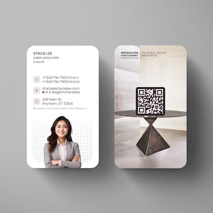May include: A business card with a photo of a woman with a neutral expression. The card has the name Stacie Lee, sales associate, and contact information. The back of the card has a logo for Berkshire Hathaway HomeServices and a QR code.