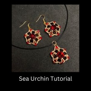 May include: A set of black and red beaded jewellery with a pendant and earrings. The pendant and earrings are shaped like a flower with a red centre and black petals. The jewellery is on a black background. Sea Urchin Tutorial.