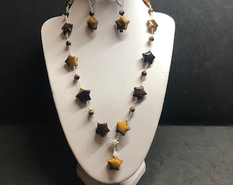 Tiger's Eye Gemstone Star Necklace on Sterling Silver with matching Earrings