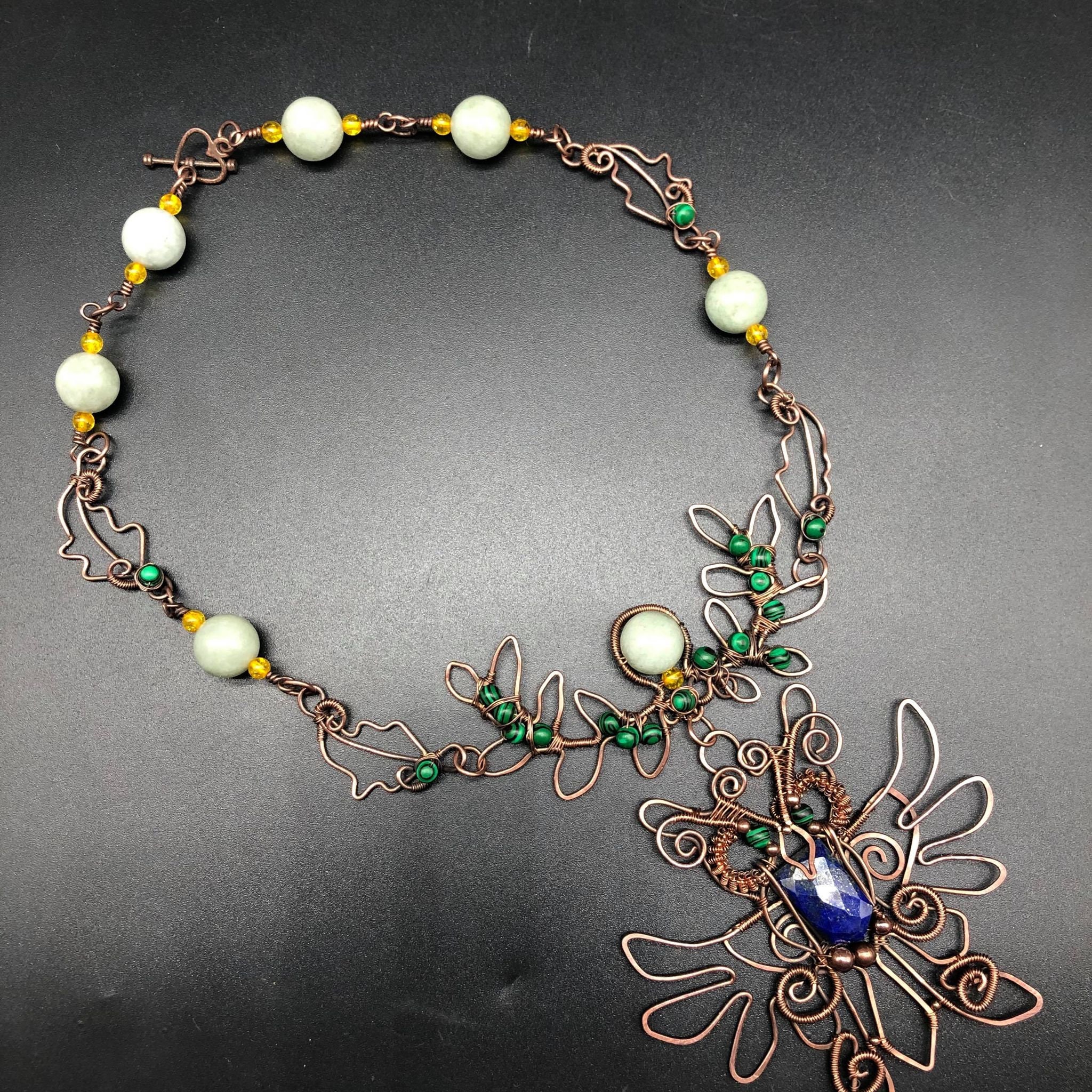 Jadeite and Copper Wire Weave Owl Necklace