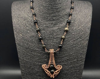 Obsidian and Copper Wire Weave Necklace and Pendant, Spirit Of The White Walker