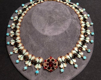 Cleopatra Glass Seed Bead Necklace with Kingsman Turquoise Gemstones