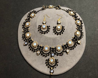 Decadent Deco Opalite, Seed Bead and Black Crystal Necklace and Earrings set