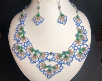 Ginkgo Leaf Seed Bead Necklace with Blue Jasper Gemstones