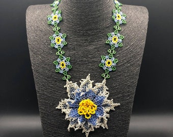 Handmade Necklace, Glass Clematis Huichol Statement Necklace