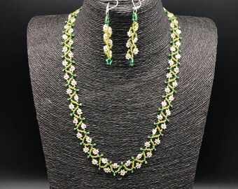 Daisy Chain Handmade Glass Seed Bead Necklace and Earring Set