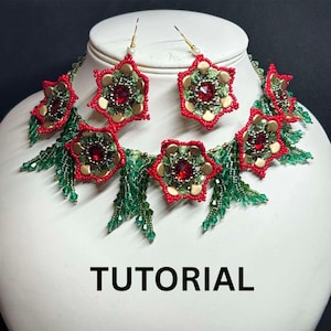May include: A beaded necklace and earring set with a floral design. The jewellery features red, green, and gold beads, with a large red gem in the centre of each flower. The necklace and earrings are displayed on a white mannequin head. The word "TUTORIAL" is at the bottom.