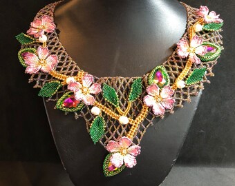 Blossom Seed Bead Collar with Austrian Crystals and Freshwater Pearls, handmade