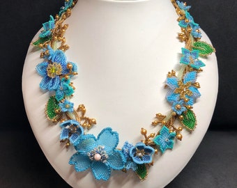 Floral Cascade Wrath Necklace, handmade seed beads and crystal