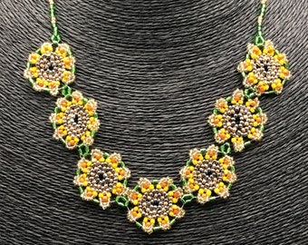 Handmade Beaded Sunflower Necklace, 18" Glass Seed Bead Floral Jewelry