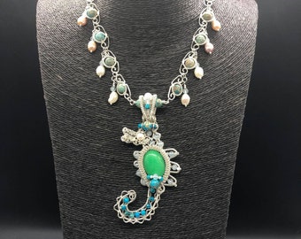 Seahorse Wire Weave necklace with Aquamarine, Jasper, Moonstone and Freshwater Pearls