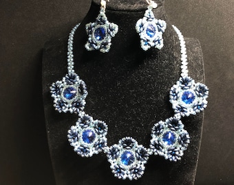 Midnight Orchid Crystal and Glass seed bead necklace and earring set, handmade