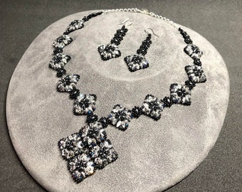 Black as Night Seed Bead and Crystal Handmade Necklace and Earrings Set