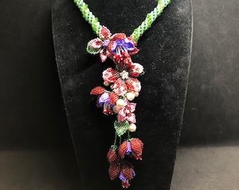 Fuchsia Cascade handmade seed bead necklace