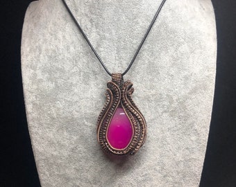 Flame Tulip Wire Wrapped Pendant with Pink Onyx Gemstone on Copper