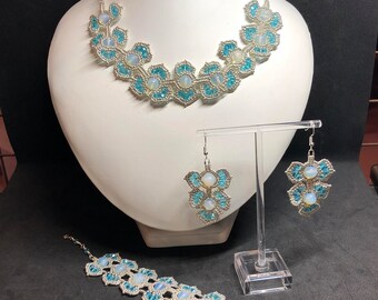 Aqua Crystal & Seed Bead Necklace, Bracelet and Earring set handmade