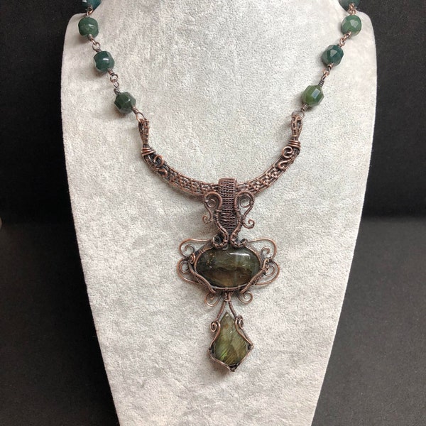 Midnight Labradorite Wire Wrapped Necklace with Phantom Quartz on Copper, handmade