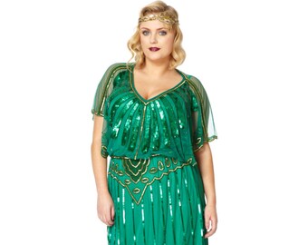 Plus Size Angel Sleeve Emerald Green Dress Bridesmaid Wedding guest Jazz age