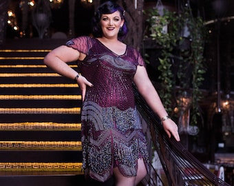 Plus Size Flapper 1920s Great Gatsby Plum Burgundy Jazz age Fringe Dress Art Deco Bridesmaids Wedding guest Swing Hand Embellished