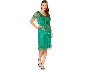 Angel Sleeve Emerald Green Dress Bridesmaid Wedding guest Jazz age