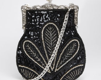 Dollie Hand Beaded Flapper Purse in Black Wedding Bridal Bridesmaids Embellished 20s Great Gatsby Flapper Art Deco