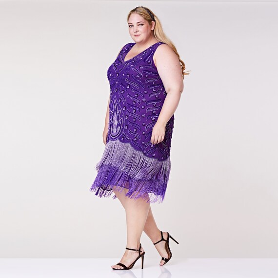 Plus Size Purple Flapper Fringe Dress 