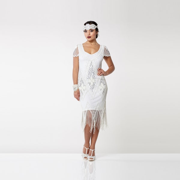 US10 EU42 AUS14 UK14 Annette off White Flapper Dress 20s Great Gatsby Art Deco Bridesmaid Wedding reception Bridal shower Beach Wedding