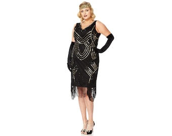 Plus size Black Flapper Fringe Dress 1920s Great Gatsby Art Deco Hand Embellished