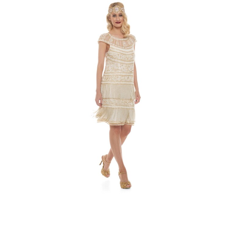 Vintage Inspired Ivory Gold Flapper Fringe Dress Hand Embellished