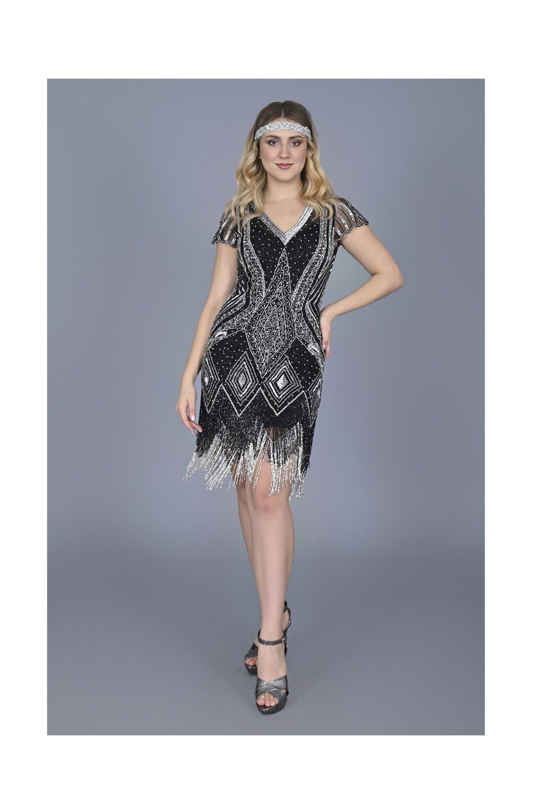 Art Deco Fringe Flapper Dress Black Gold Silver 1920s Vintage Inspired art-deco-fringe-flapper-dress-black-gold-silver-1920s-vintage-inspired