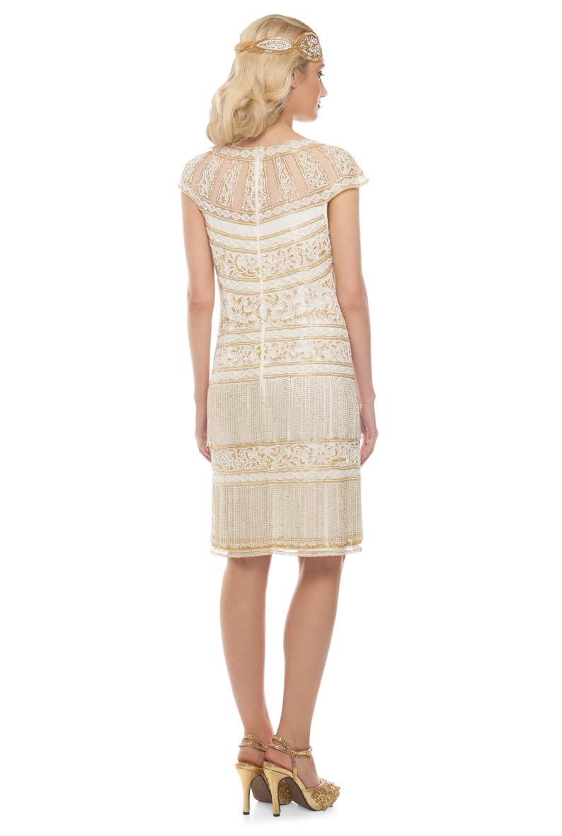Vintage Inspired Ivory Gold Flapper Fringe Dress Hand Embellished