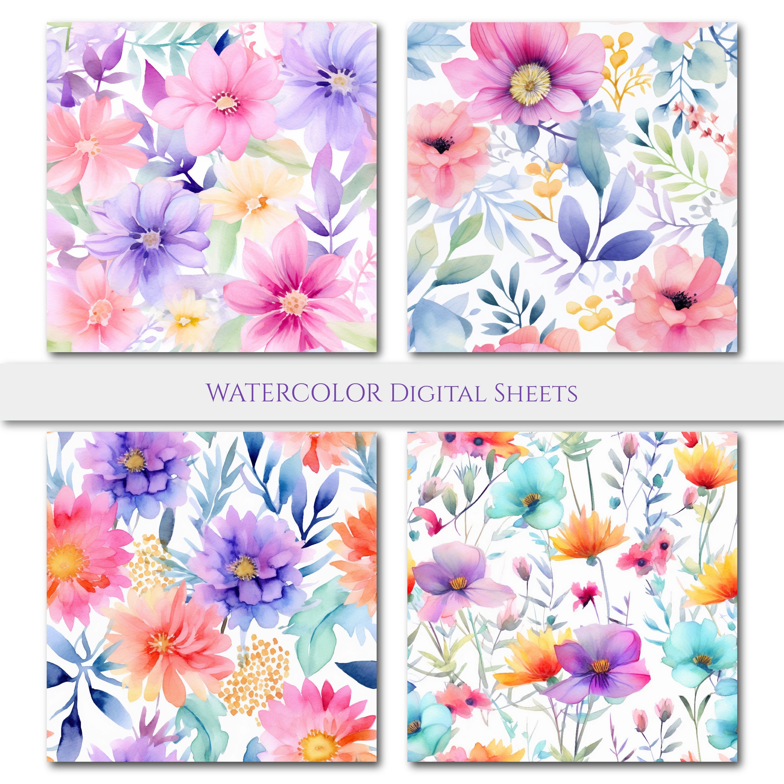 Printable Floral Background, Watercolor Flowers, Seamless Pattern Sheets - Etsy