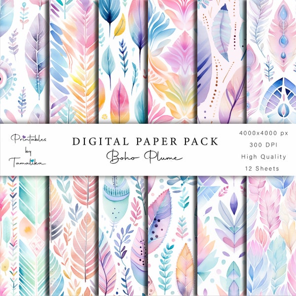 Digital Watercolor Boho Feather Paper,Feather Pastel Paper, Watercolor Feathers Seamless Pattern, Boho Collage Sheets, Printable Paper