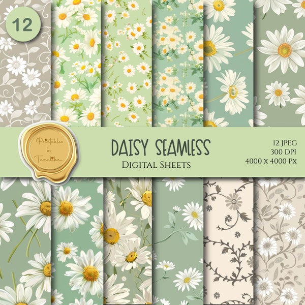 Watercolor Daisy Flowers Digital Paper Seamless Shabby Chic Printable Paper Pack,Scrapbook Paper Collage Sheet Junk Journal