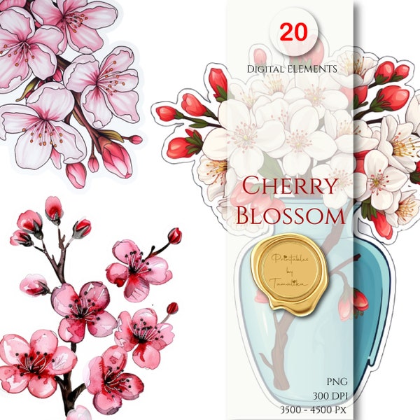 Sakura clipart set, sticker set, kersenbloesem PNG, bloemen png, bloemenvaas