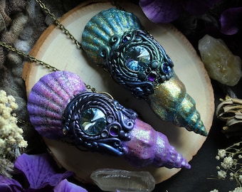 Sea Sorceress || Swarovski crystal, polymer clay jewelry, gothic jewelry, crystal jewelry, witch necklace, mermaid, sea shell necklace