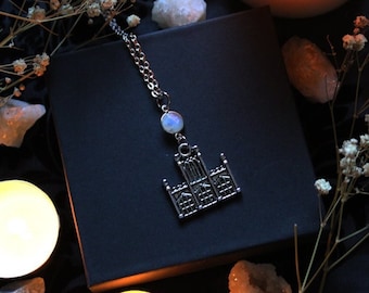 Moonlit Cathedral necklace - gothic jewelry, gothic necklace, romantic jewelry, rainbow moonstone, crystal jewelry, crystal necklace