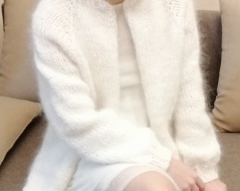 Mohair Cardigan White Knit Mohair Sweater Women Oversized Chunky Cardigan Fuzzy Open Front Jacket Bomber Cozy Fluffy Coat